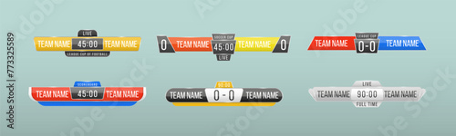 Scoreboard broadcast graphic and lower thirds template for sport soccer, football. Broadcast score banner. Sport scoreboard with time and result display. Vector illustration