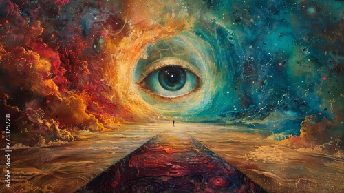 A colorful painting of a person looking into a large eye. The eye is surrounded by a colorful landscape, with a path leading to it. The painting has a dreamy, surreal feel to it