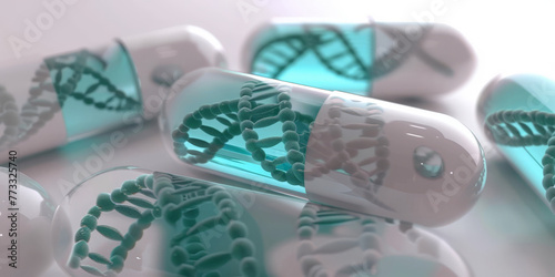  A white and green teal pill with DNA structure inside, gen dna repair , healthy concept photo