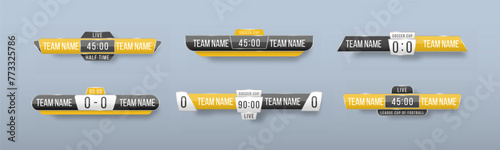 Scoreboard broadcast graphic and lower thirds template for sport soccer, football. Broadcast score banner. Sport scoreboard with time and result display. Vector illustration photo