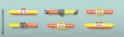 Scoreboard broadcast graphic and lower thirds template for sport soccer, football. Broadcast score banner. Sport scoreboard with time and result display. Vector illustration