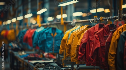 A rack of clothes with a yellow jacket hanging from it