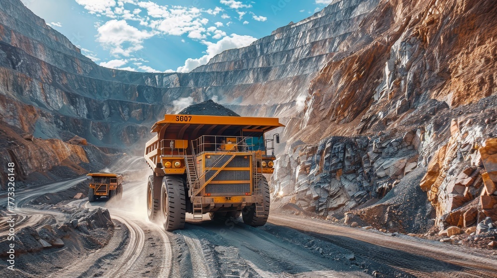 A large truck is driving down a dirt road in a mountainous area. The truck is carrying a large load of rocks and debris. The scene is rugged and wild, with the truck being the only vehicle on the road A large truck is driving down a dirt road in a mountainous area. The truck is carrying a large load of rocks and debris. The scene is rugged and wild, with the truck being the only vehicle on the road