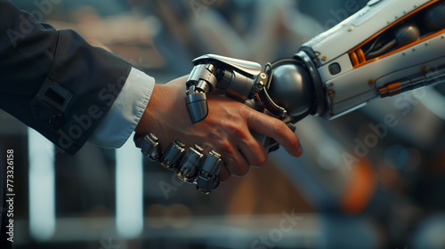 Close up of a robot shaking hands with a businessman in the background © Viktor