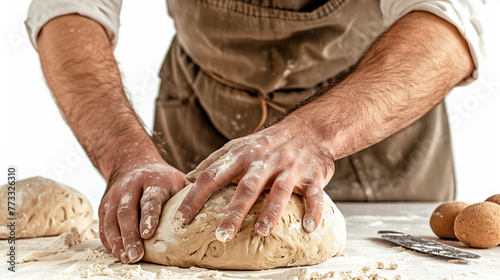 Male hands kneading dough on a white background. Close-up.