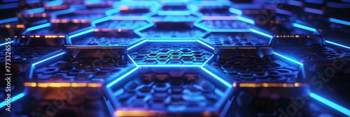 A closeup of carbon hexagons glowing blue, abstract futuristic background with dark blue glowing neon honeycomb, banner