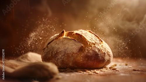 Freshly baked bread on wooden table with flour and bokeh background