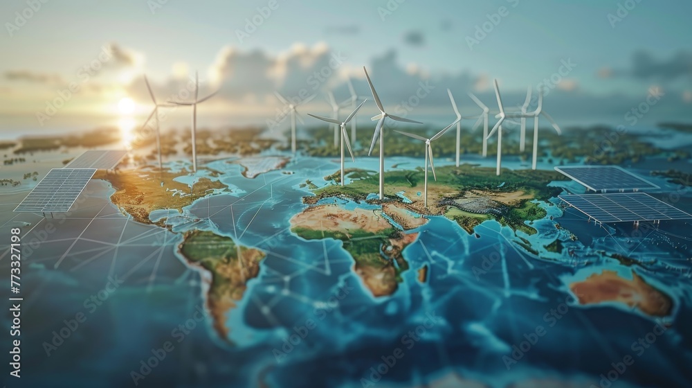 A map of the world with windmills and solar panels on it. Scene is ...