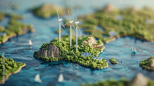 A small island with three wind turbines on it. The turbines are surrounded by a lush green forest and a body of water. The scene is peaceful and serene