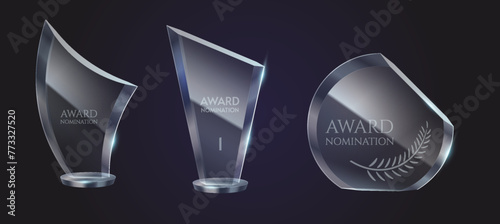Brilliant glass trophies with engraving realistic vector illustration set. Glory to winner reward 3d models on black background collection