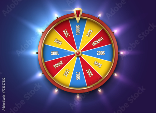 Glowing fortune wheel color realistic vector illustration. Spin gambling game with prizes. Casino roulette 3d object on blue background