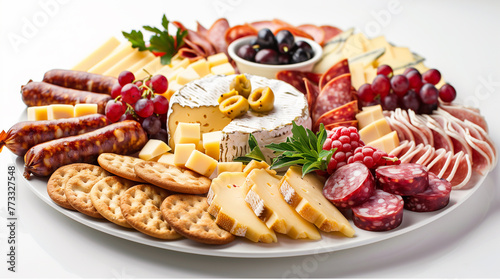 Cheese plate with salami, ham, cheese and crackers