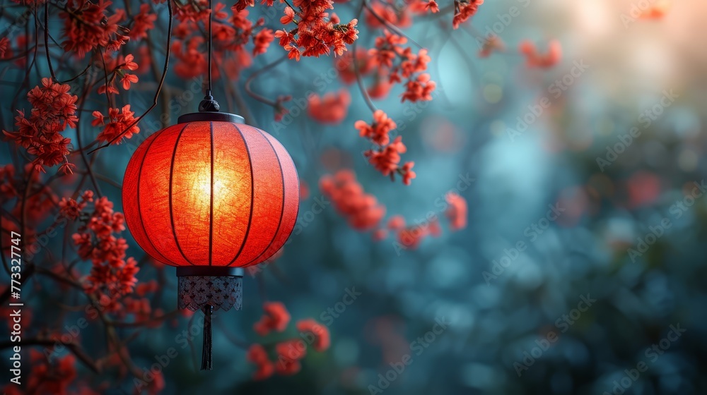   A red lantern suspends from a tree, surrounded by red flowers in the foreground Background consists of blurred trees bearing red blossoms