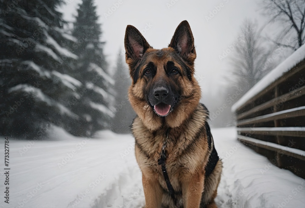 puppy breed German Shepherd walking in winter park puppy breed German Shepherd walking in winter park