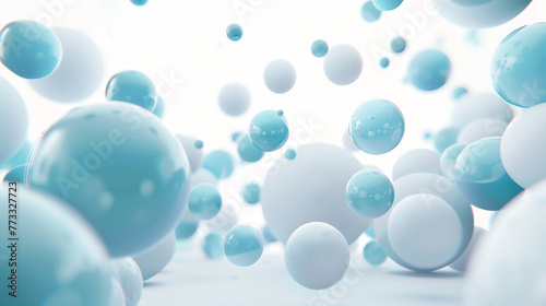 Abstract 3d rendering of chaotic blue spheres. Flying balls in empty space. Futuristic background with balls.