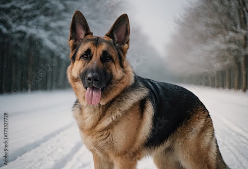 puppy breed German Shepherd walking in winter park