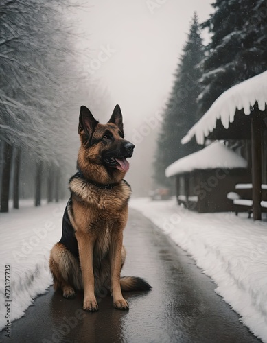 puppy breed German Shepherd walking in winter park