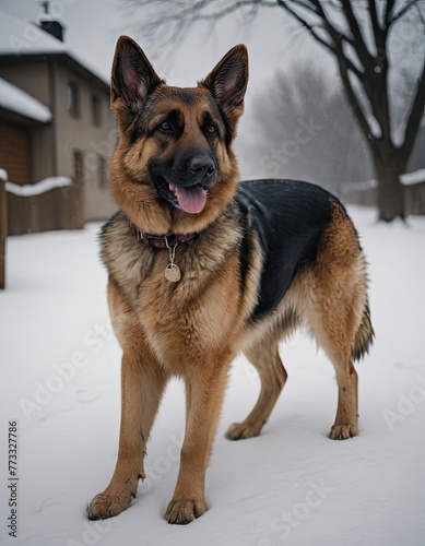 puppy breed German Shepherd walking in winter park