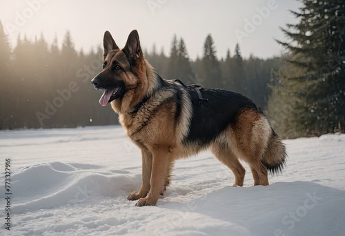 puppy breed German Shepherd walking in winter park