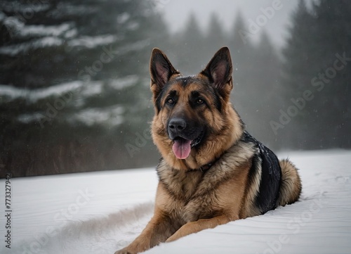 puppy breed German Shepherd walking in winter park