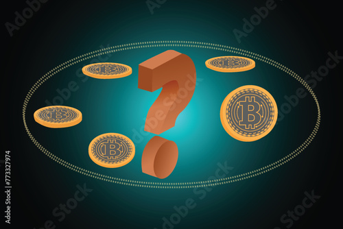 Gold coins with question mark sign. Bitcoin coin cryptocurrency concept banner background