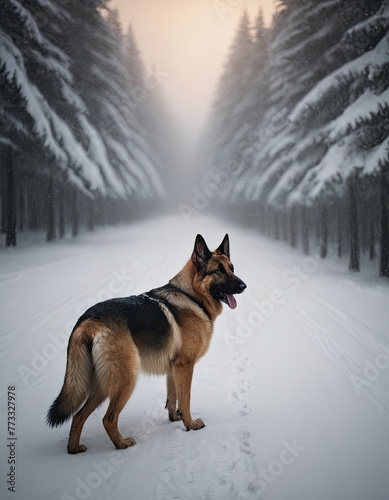 puppy breed German Shepherd walking in winter park