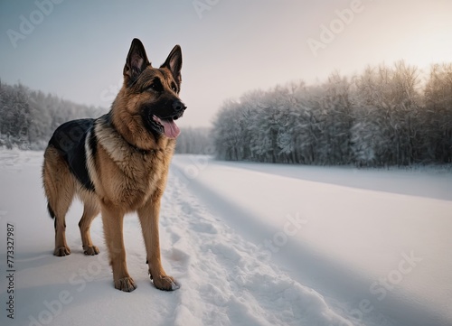 puppy breed German Shepherd walking in winter park