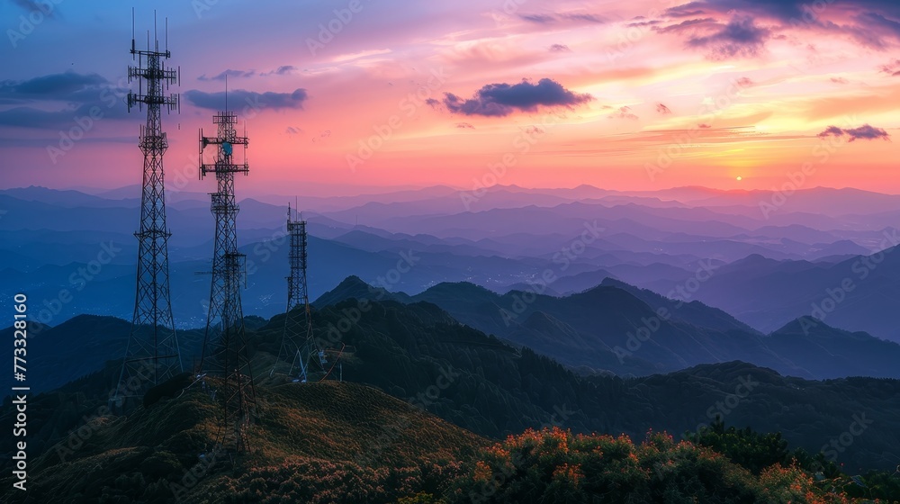 A beautiful sunset over a mountain range with three tall towers in the background. The towers are likely cell phone towers