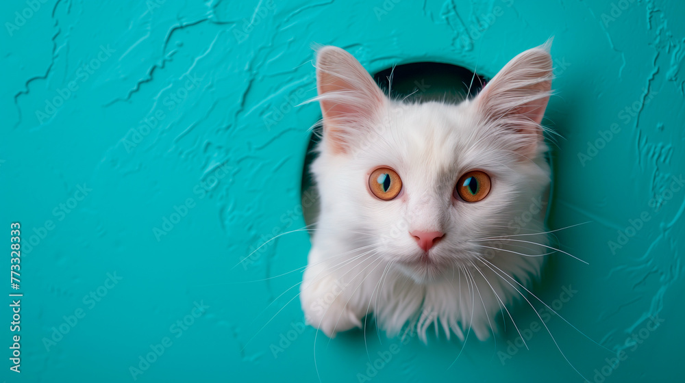 white cat peaking from a hole in a blue wall monochromatic background