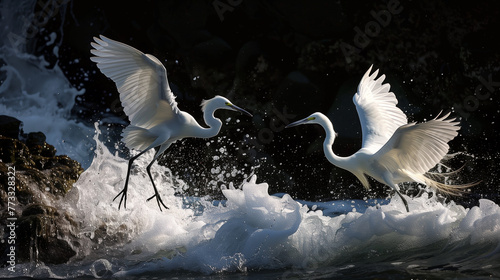 Great egret (Ardea alba) in fight for a fish photo