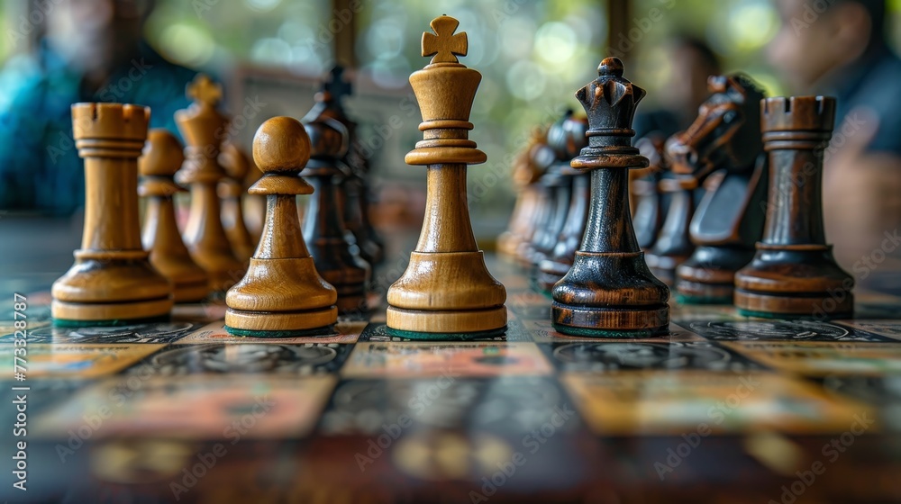 A wooden chess board with a black and white king and pawns A wooden chess board with a black and white king and pawns
