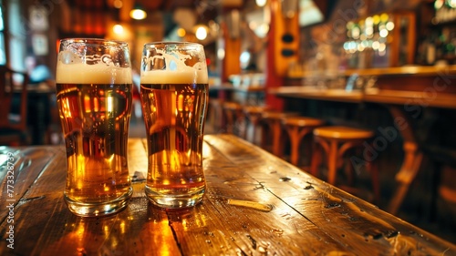 Two beer mugs of fresh and cold beer on brewery background. Generative AI photo
