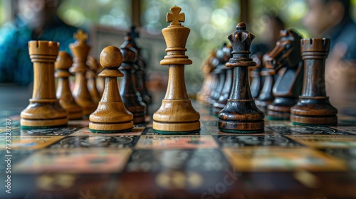 A wooden chess board with a black and white king and pawns