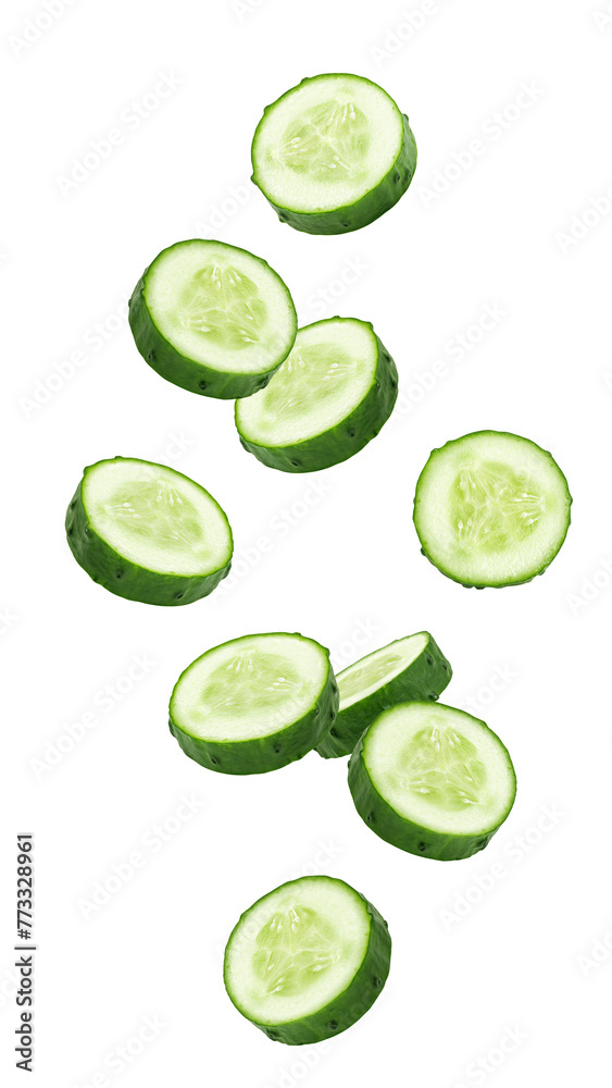 Fototapeta premium Falling cucumber slice isolated on white background, full depth of field
