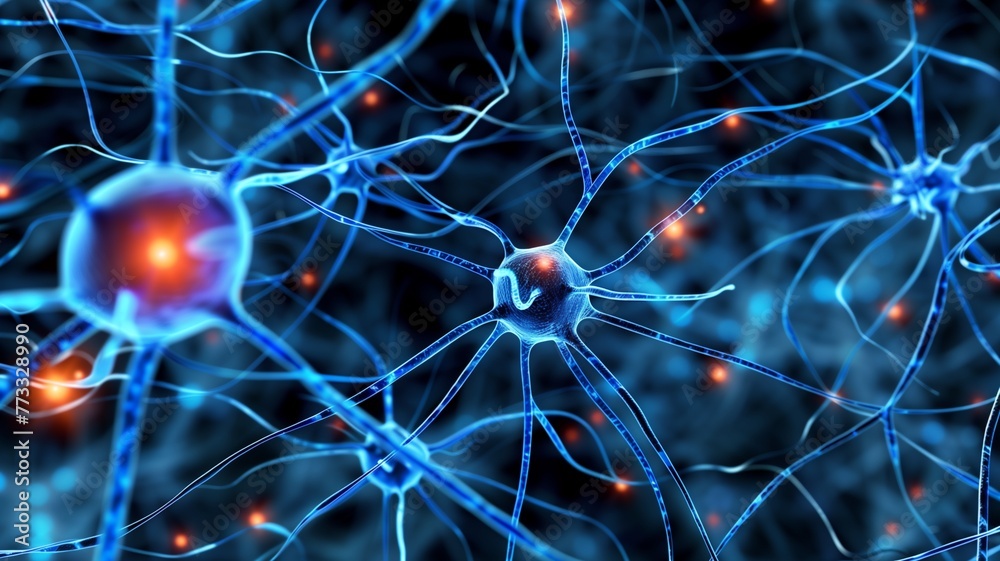 Nerve cell blue color banner, system neuron of brain with synapses ...