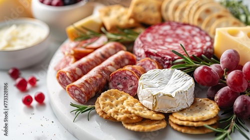 Explore a diverse spread of cheeses, sausages, crackers, and berries arranged enticingly on a platter