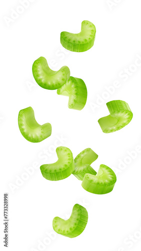 Foto Falling celery slice isolated on white background, full depth of field