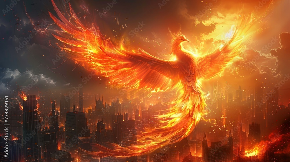 A fiery bird is flying over a city with a dark sky. The bird is surrounded by flames, and the city is filled with smoke and fire. Scene is intense and dramatic