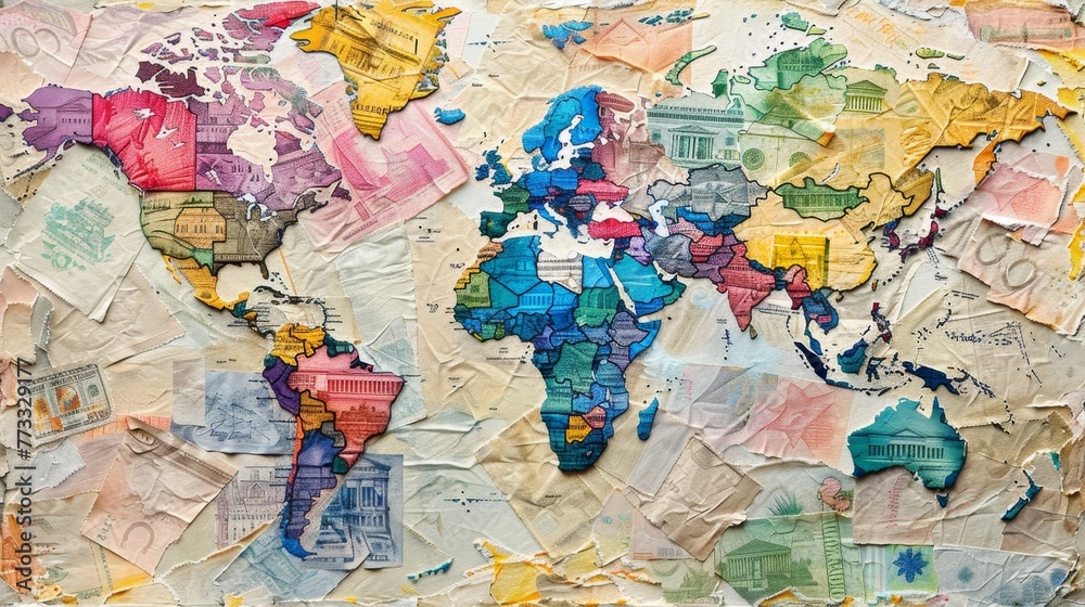 A colorful map of the world with various countries and currencies. The map is made up of different colored paper and has a unique design