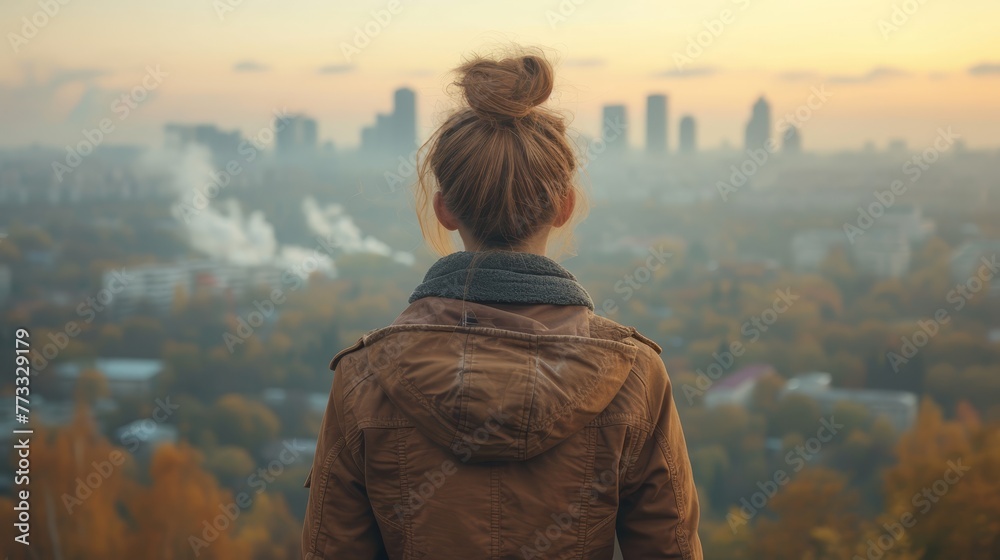   A woman atop a hill gazes out at a city in the distance