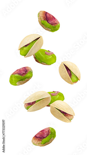 Falling pistachio isolated on white background, full depth of field