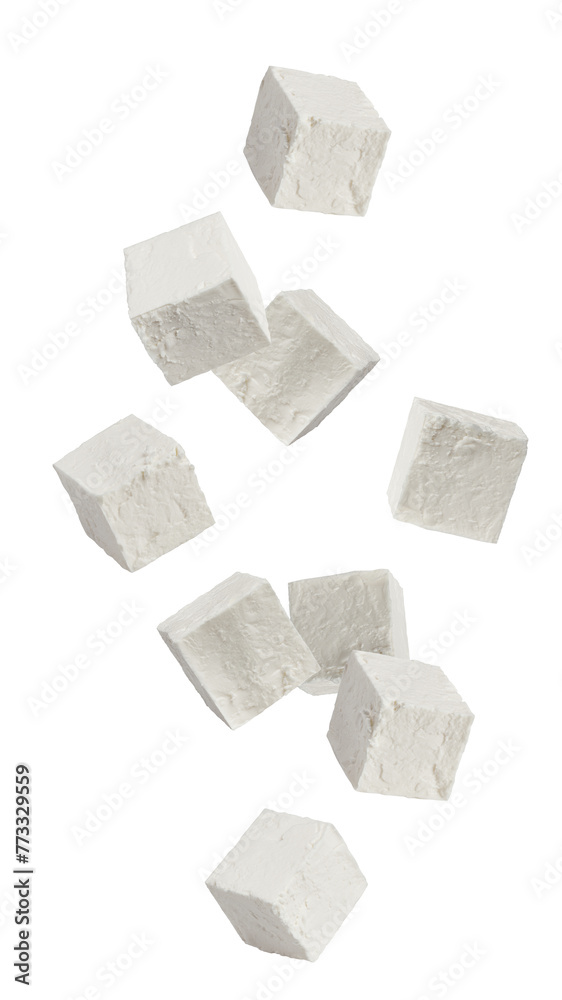 Falling Feta, Greek cheese cubes, isolated on white background, full depth of field Falling Feta, Greek cheese cubes, isolated on white background, full depth of field
