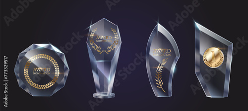 Sparkling crystal award trophies for winner realistic vector illustration set. Competition victory prizes 3d models on black background collection