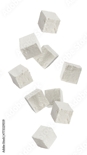 Falling Feta, Greek cheese cubes, isolated on white background, full depth of field