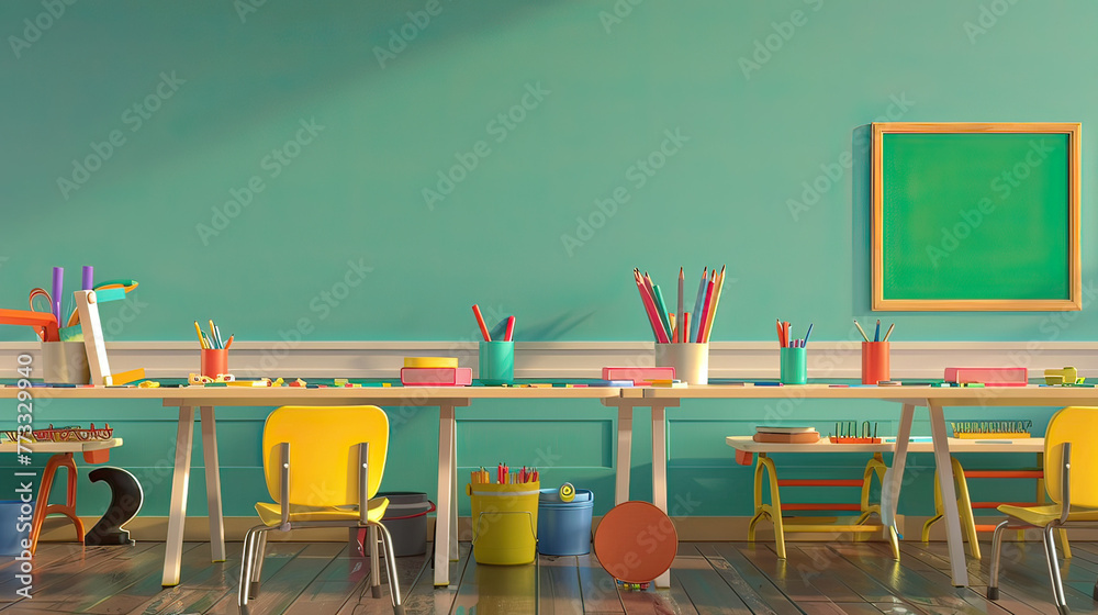 3D render of a colorful classroom, filled with school supplies, space for educational text 3D render of a colorful classroom, filled with school supplies, space for educational text