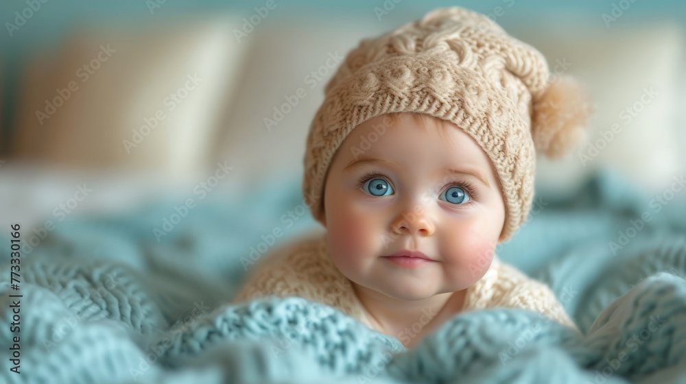 A tight shot of an infant in a bed, donned in a knit hat adorned with a pom-pom A tight shot of an infant in a bed, donned in a knit hat adorned with a pom-pom