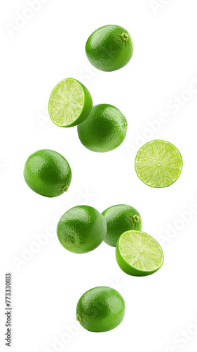 Falling lime slice isolated on white background, full depth of field © grey