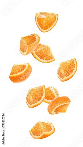 Falling orange slice isolated on white background, full depth of field
