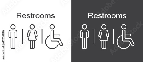 Simple Restroom icon, Man woman and disability icons sign and symbol, Restrooms icon in flat style. Male and female icon vector  in black and white background.