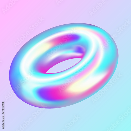 Glaring bagel realistic vector illustration. Iridescent cubical geometric shape trendy design. Metallic 3d object on purple background
